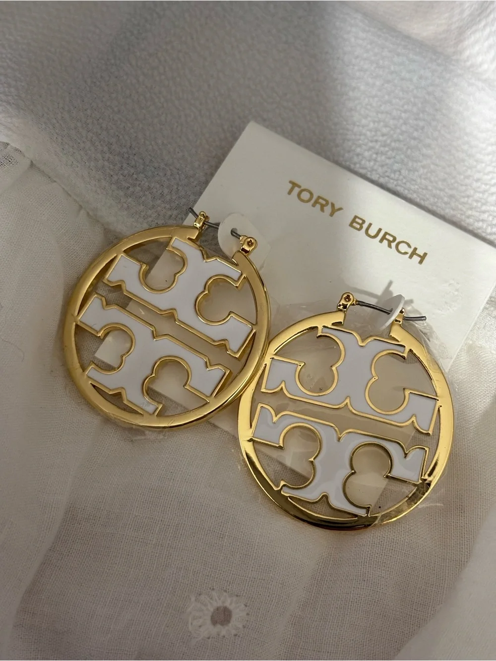 Tory Burch Gold and White Round Logo Drop Earrings